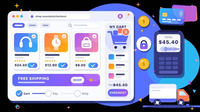 E-commerce online shopping store and checkout UI vector animation on transparent background