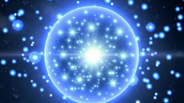 Glowing blue particles and luminous sphere expanding through dark space, creating a sparkling cosmic energy field in abstract digital animation
