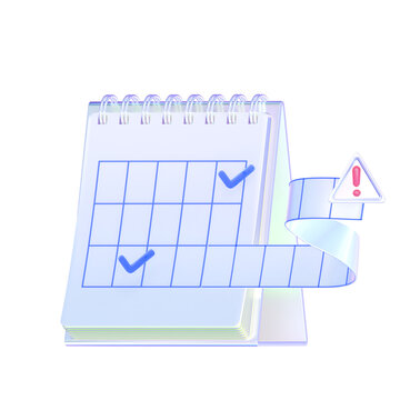 Spiral calendar with checkmarks and an extended date strip ending in a warning sign. A visual for deadline extensions, rescheduling, and project timeline alerts.