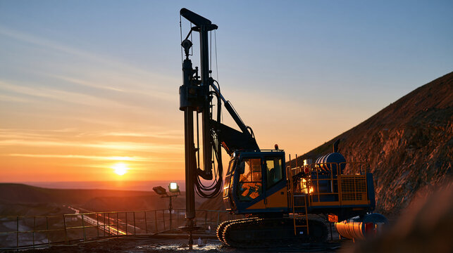 Mining drill pile driver at a mine, silhouette, core land drilling, drilling rig at a mining exploration site in a large excavation or deep quarry, tunnel boring machinery and