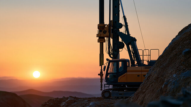 Mining drill pile driver at a mine, silhouette, core land drilling, drilling rig at a mining exploration site in a large excavation or deep quarry, tunnel boring machinery and