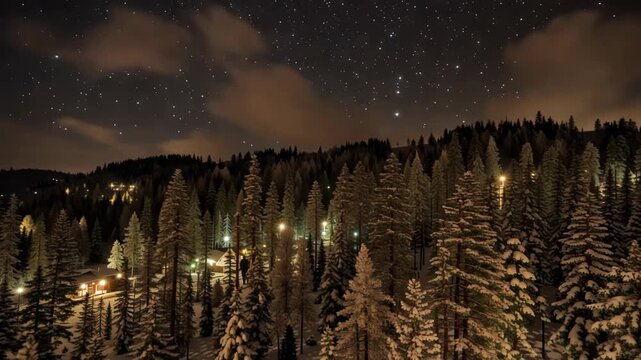 Snow covered mountain forest settlement transitions from blue twilight to starry night with glowing lights among evergreen trees in a winter landscape