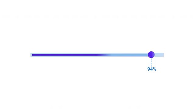 Minimal flat vector animation of a thin blue horizontal progress bar with a purple circular endpoint marker and a percentage label below it on a transparent background, ideal for software loading scre
