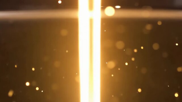 Abstract glowing golden light beam moving through dark liquid with floating particles and glass reflections, creating a luminous atmospheric macro background