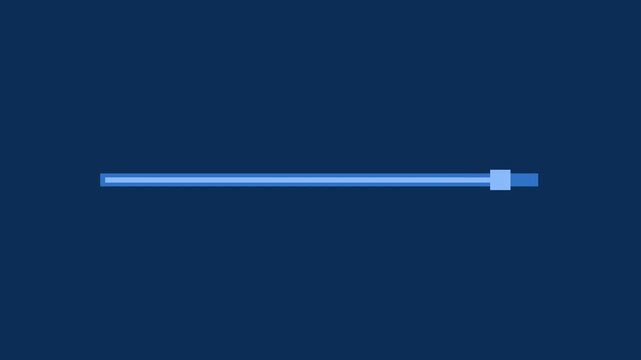 Minimal flat vector animation of a thin blue horizontal progress bar with a square endpoint marker and a subtle blue glow on a dark navy background, ideal for software loading screens, task progress t