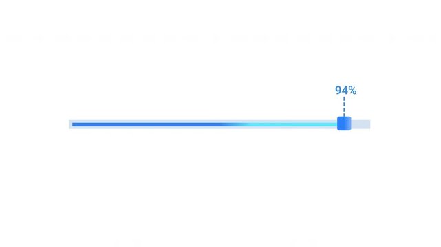 Minimal flat vector animation of a thin blue horizontal progress bar with a square endpoint marker and a percentage label above it on a transparent background, ideal for software loading screens, task