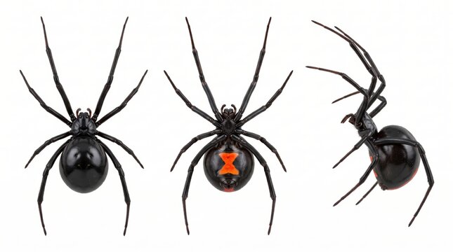 Three views of a black widow spider, showing the dorsal, ventral with red hourglass marking, and side profile on a white background