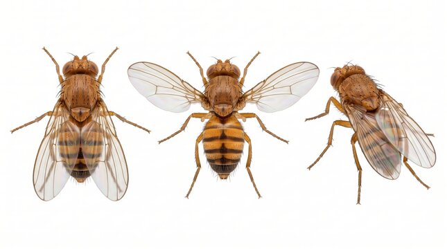 Three views of a brown fruit fly, showing dorsal and angled perspectives with translucent wings and striped abdomen on white background