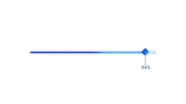 Minimal flat vector animation of a thin blue horizontal progress bar with a diamond-shaped endpoint marker and a percentage label below it on a transparent background, ideal for software loading scree