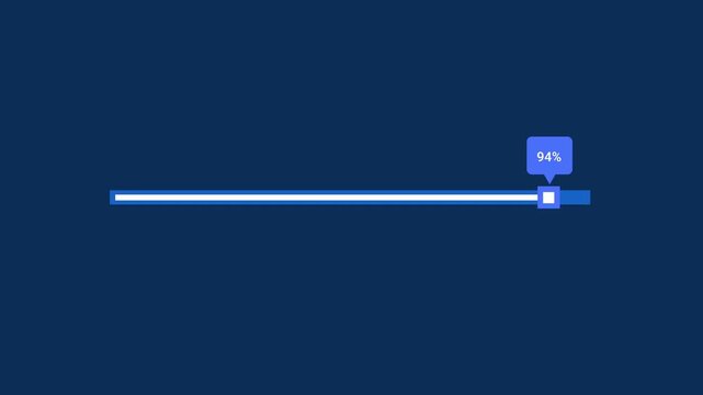 Minimal flat vector animation of a thin blue horizontal progress bar with a square slider marker and a floating percentage label on a dark navy background, ideal for software loading screens, task pro