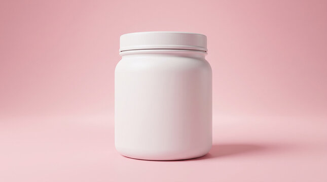 White cylindrical nutrition powder jar isolated on soft pastel pink background, delicate natural shadow, contemporary minimalist balanced composition, blank packaging. Mockup. Close-up.