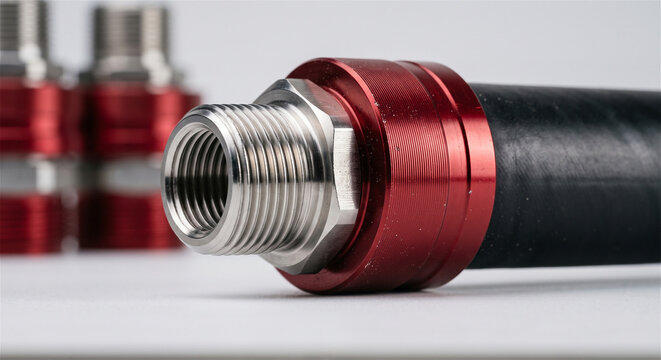 Industrial high pressure hydraulic hose fitting, red anodized metal hose adapter component, mechanical engineering part