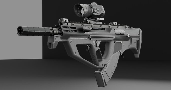 Modern tactical rifle with scope on dark background for military use