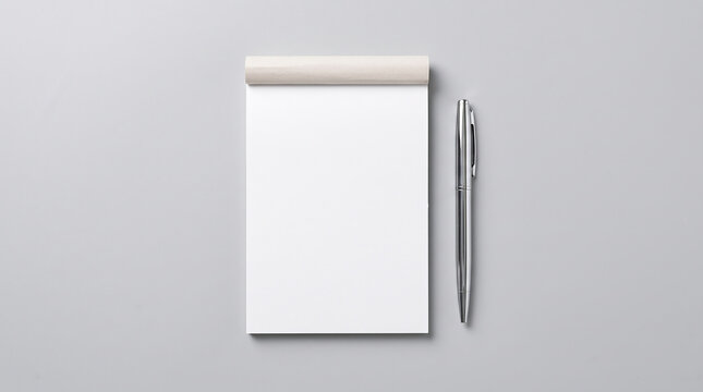 White unlined notepad with chrome silver pen, isolated light gray background, top-down, contemporary minimal product mockup. Close-up.