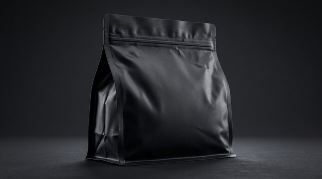 Matte black stand-up protein powder pouch isolated on dark charcoal studio backdrop, luxury sports nutrition aesthetic, product mockup. Close-up.