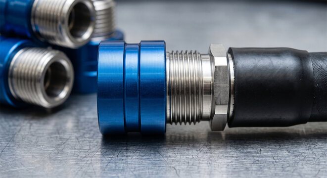 Blue anodized aluminum hose fitting macro shot, industrial metallic hydraulic connector, professional plumbing hardware parts