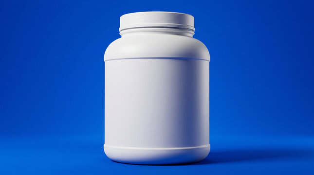 Large matte white protein powder tub isolated on vivid cobalt blue background, modern athletic advertising aesthetic, blank packaging, mock-up. Close-up.