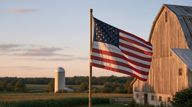 American flag on a wooden pole beside a weathered barn during golden hour, rural Americana, agricultural heritage, country living, American landscape, rustic architecture,