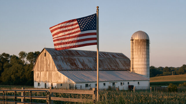 American flag on a wooden pole beside a weathered barn during golden hour, rural Americana, agricultural heritage, country living, American landscape, rustic architecture,