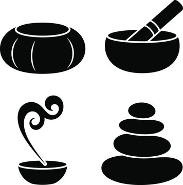 Spa icons featuring a herbal compress ball, a mortar and pestle, an incense stick with smoke, and stacked stones representing wellness and relaxation practices.
