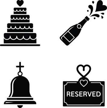 Wedding icons presenting black silhouettes of tiered cakes, champagne with hearts, church bells, and reserved signs for marriage ceremonies.