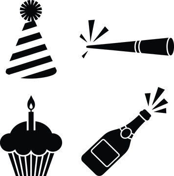 Celebration icons displaying black silhouettes of party hats, horns, cupcakes, and champagne bottles to indicate festive events and joyous occasions.