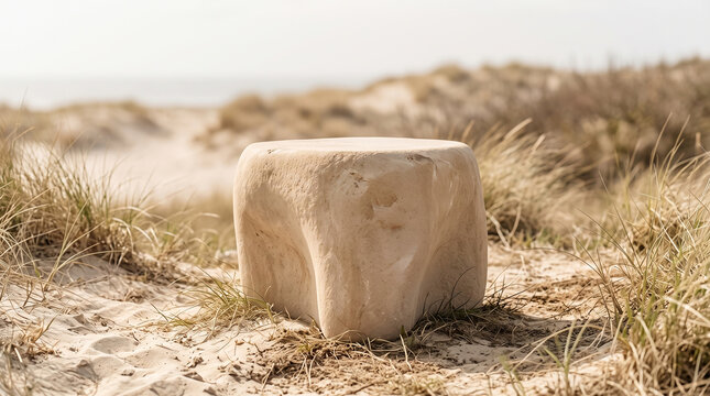 Sandy-beige pedestal mockup. Outdoor coastal setting, blurred dune grasses and landscape, warm breeze atmosphere, premium product podium.