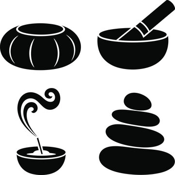 Wellness icons featuring black silhouettes of spa stones, incense burning, and massage bowls representing relaxation and holistic health practices.