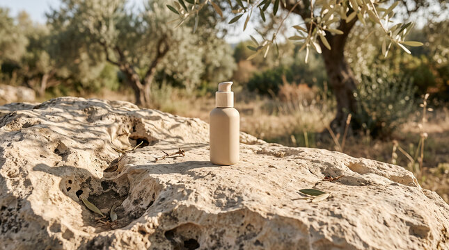 Premium product mockup with minimalist skincare bottle on natural limestone surface outdoors. Softly blurred olive trees and Mediterranean greenery. Mock-up.