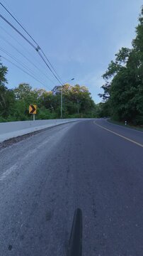 Vertical cycling POV footage of a winding asphalt road through lush green forest, with a concrete roadside barrier, curve warning signs and power lines beneath a clear blue sky.