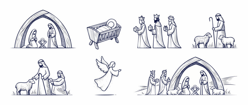 Christmas nativity scene line art set featuring baby Jesus in manger, holy family Mary Joseph, three wise men magi, shepherds with sheep and flying angel illustration for holiday religious design