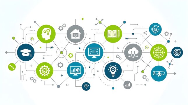 Educational technology network infographic with colorful icons showing digital learning tools and online study concepts
