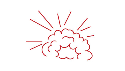 Red line art cartoon explosion cloud with radiating burst rays isolated on white background. Thin outline puff of smoke with comic blast effect. Impact element for banners, posters and design. © Md