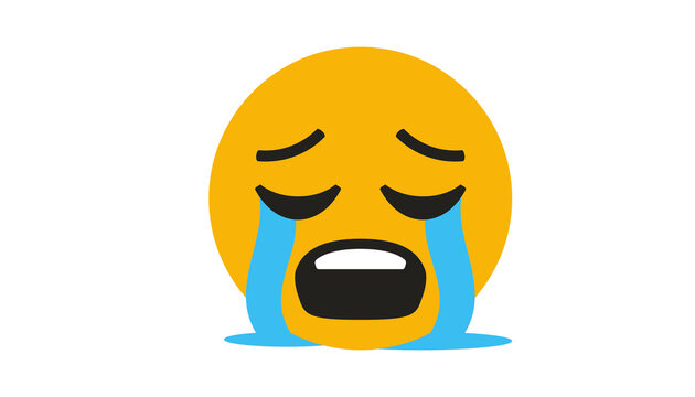 Yellow loudly crying face emoji with blue tears isolated on white background. Sad sobbing emoticon showing grief, heartbreak or sorrow for social media. Cartoon smiley icon for chat or app.