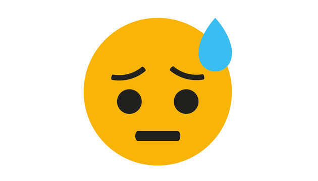 Yellow anxious face emoji with blue sweat drop isolated on white background. Nervous worried emoticon showing stress, fear or embarrassment for social media. Cartoon smiley icon for chat.