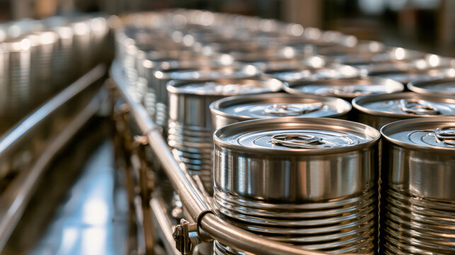 Ribbed tin cans with ring-pull lids move along a conveyor belt in a canned-food production line. The closest cans are in sharp focus while others