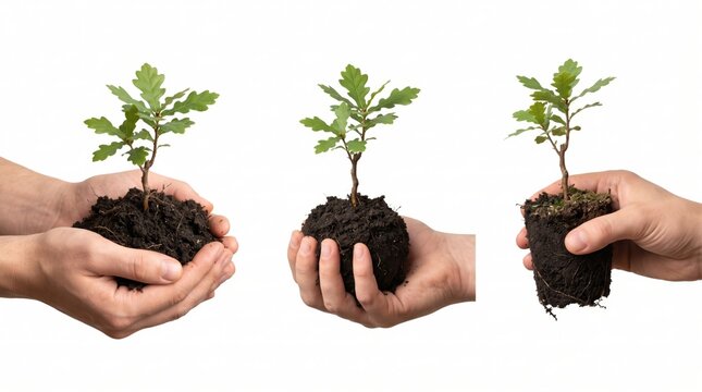 Three views of human hands holding small green oak saplings with dark soil and exposed roots, isolated on a white background