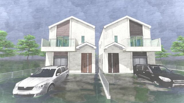 津波や洪水で浸水した住宅と周辺の風景｜水害を表現した3DCGアニメーション