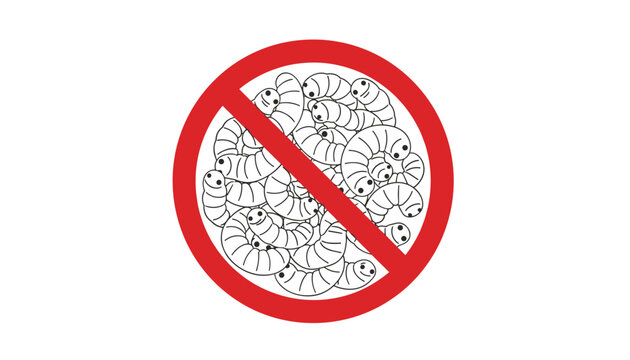 Red prohibition sign with a diagonal line over a pile of small white grubs or insect larvae on a white background.