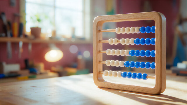 vintage wooden abacus on a table, symbolizing the development of science and mathematics, with wooden beads serving as a precursor to binary code, copy space for text about cultural heritage