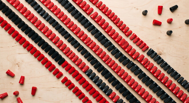 Red and black wire connectors arranged in neat diagonal lines, plastic twist nuts for electrical installation, electrician hardware background