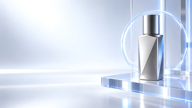 Faceted silver cosmetic bottle on acrylic plinth with halo ring skincare campaign banner