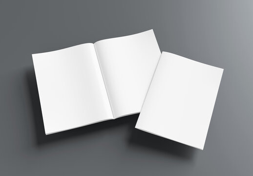 Magazine cover and open magazine Mockup floating on grey background with shadows. 3D rendering