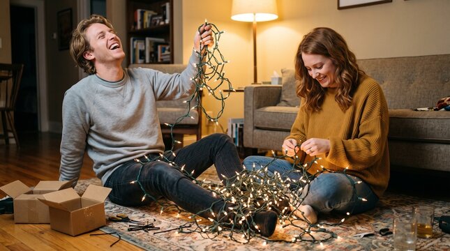 Couple Untangling Christmas Lights in Living Room
