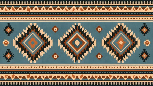 A detailed Southwest tribal textile pattern featuring geometric diamond motifs and textured blue and earth tones. Ideal for interior design and boho decor backgrounds.