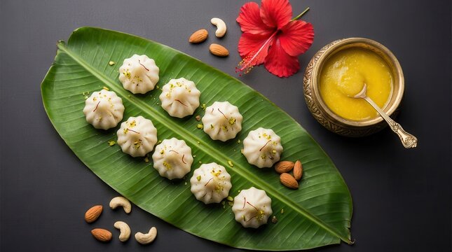 Traditional modak sweets served on a green banana leaf with ghee and a red hibiscus flower.