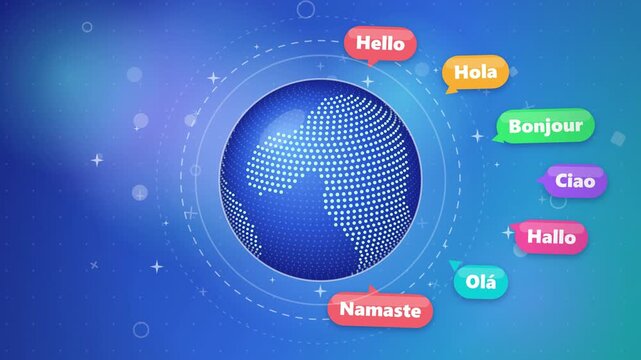 Hello in many languages animation, colorful greeting speech bubbles around a rotating dotted globe