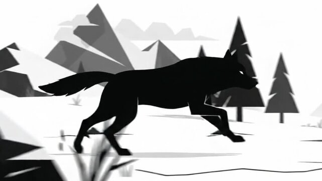 Black silhouette wolf running across snowy mountain landscape