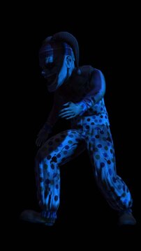 Creepy seamless vertical video of horror clown running. Halloween background of a terror character isolated with copy space