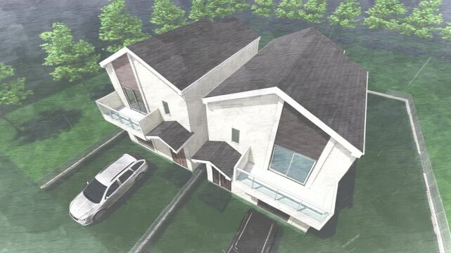 津波や洪水で浸水した住宅と周辺の風景｜水害を表現した3DCGアニメーション